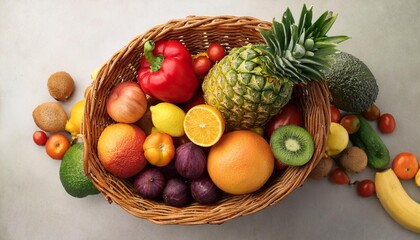 Fresh fruits and vegetables that look delicious in a basket, health food with a health concept, anthocyanin, antioxidants, smart carbohydrates, omega 3, minerals.123