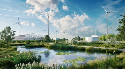 Obraz premium Alternative energy. Wind turbines in a wind farm to generate clean green energy. Combating climate change. Renewable wind energy. Environmental protection. Power generator. Ecology.