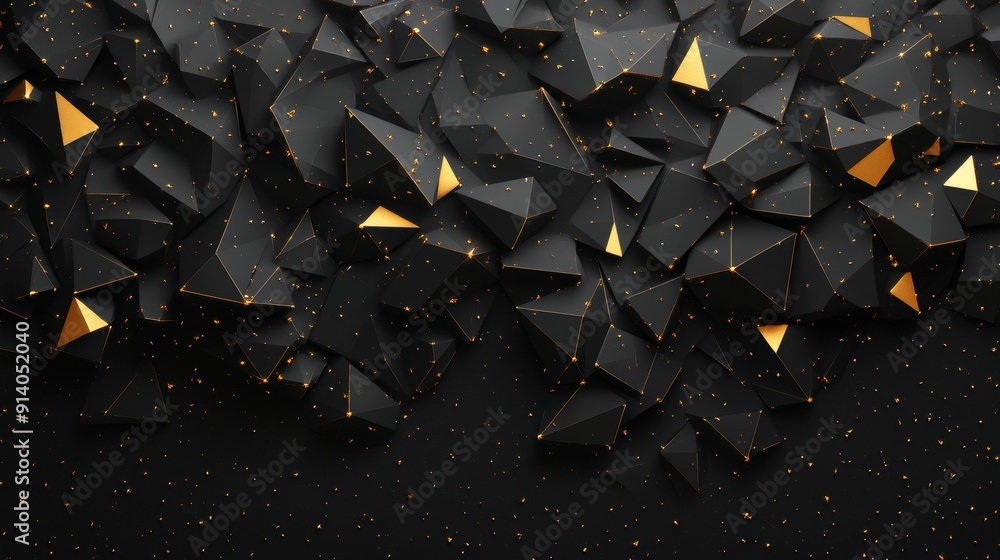 Poster an abstract geometric background in gold and black with polygons and lines