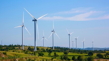 Alternative energy. Wind turbines in a wind farm to generate clean green energy. Combating climate change. Renewable wind energy. Environmental protection. Power generator. Ecology.