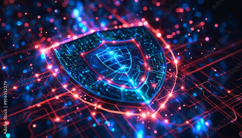 Poster advanced cybersecurity shield protecting a network in a high-tech sci-fi setting from digital threat