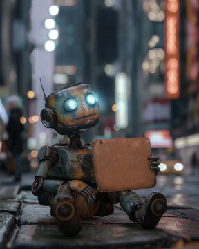 Old Robot Holding a Blank Sign created with AI.