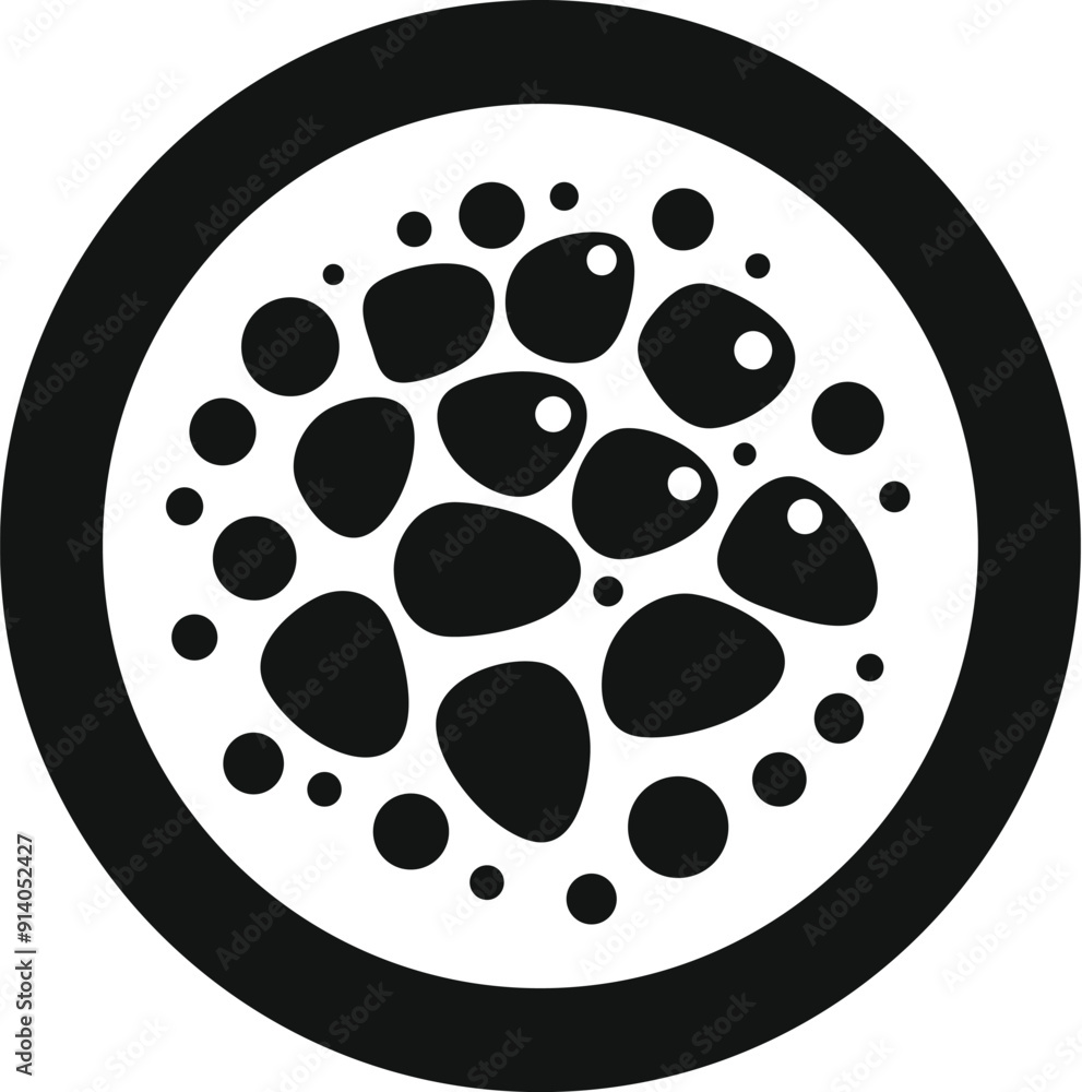 Poster black and white round abstract pattern representing a cell with nucleus and membrane for scientific 