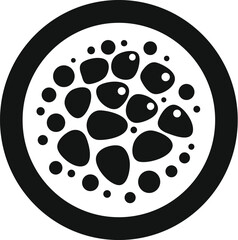 Black and white round abstract pattern representing a cell with nucleus and membrane for scientific and medical publications