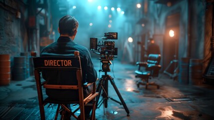 Film director oversees a bustling movie set, adding professionalism and creativity. Crew sets up equipment and adjusts lighting for the perfect shot