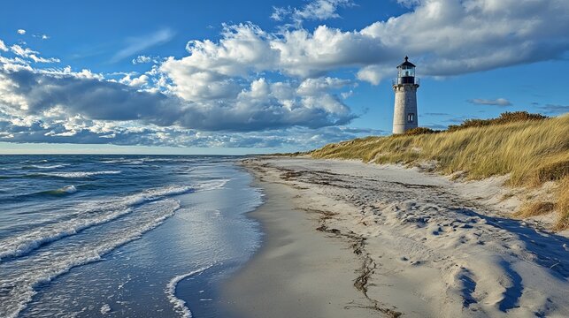 Beach coastline with the famous Skagen Grey Lighthouse, Skagen Gr&Atilde;&yen; Fyr, Skagen, Grenen in North Jutland in Denmark, Skagerrak, North Sea, Baltic Sea. Upper tower platform, lantern of lighthouse