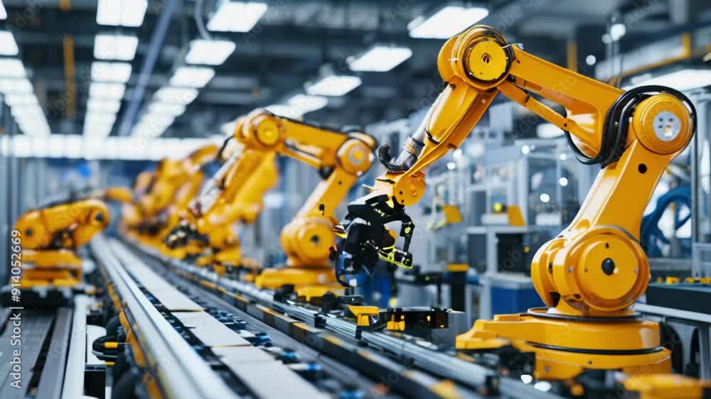 Poster observe advanced robotic arms working efficiently on the assembly line in a bustling manufacturing f
