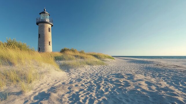 Beach coastline with the famous Skagen Grey Lighthouse, Skagen Gr&Atilde;&yen; Fyr, Skagen, Grenen in North Jutland in Denmark, Skagerrak, North Sea, Baltic Sea. Upper tower platform, lantern of lighthouse