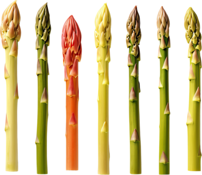 A row of colorful asparagus spears showing variation in color and size, perfect for showcasing fresh produce diversity.