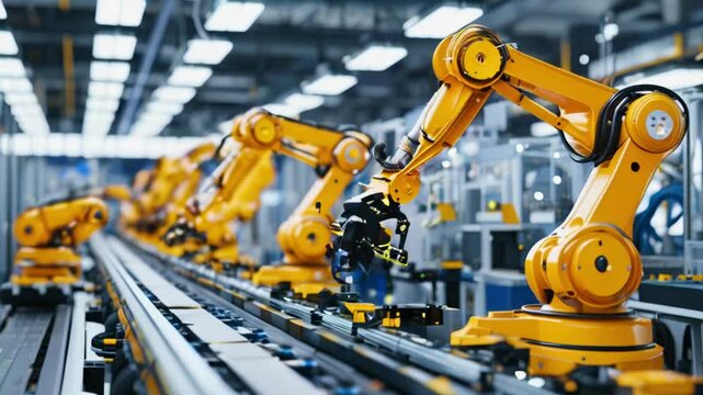 Observe advanced robotic arms working efficiently on the assembly line in a bustling manufacturing facility during the early morning hours