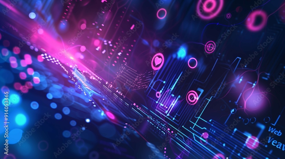 Poster abstract background showing a futuristic motherboard with data flowing through it, represented by ne