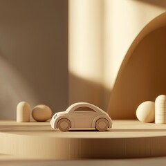 Minimalist style wooden car toy on table, close up