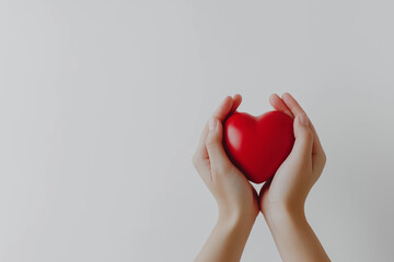 Fototapeta premium A pair of hands gently holding a red heart against a plain white background, symbolizing love and care.