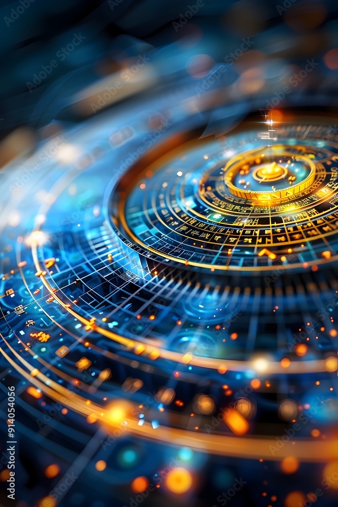 Poster abstract technology background with circular pattern and glowing lights.