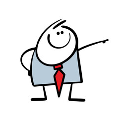 Man in elegant business suit points a finger in the direction, draws attention to important information. Vector illustration of  businessman at work in  office. Isolated person on white background.