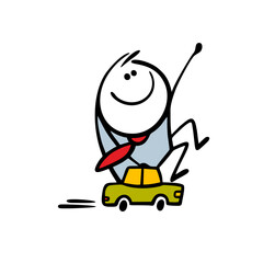 Hand drawn silly businessman  playing children  game. Vector illustration of  adult man driving   small car. Isolated funny character on white  background having fun and joy.