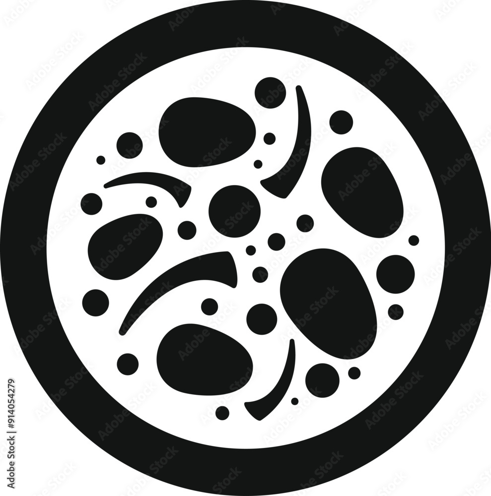 Poster black and white icon representing a round pizza with different ingredients in a simple style