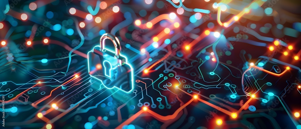 Poster cyber security concept - padlock on circuit board with glowing lines.