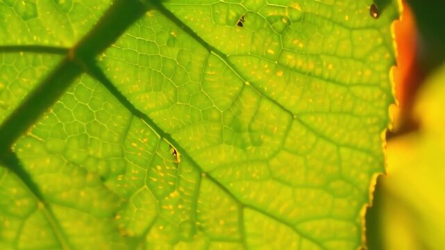 Close up of a vibrant green leaf illuminated by sunlight