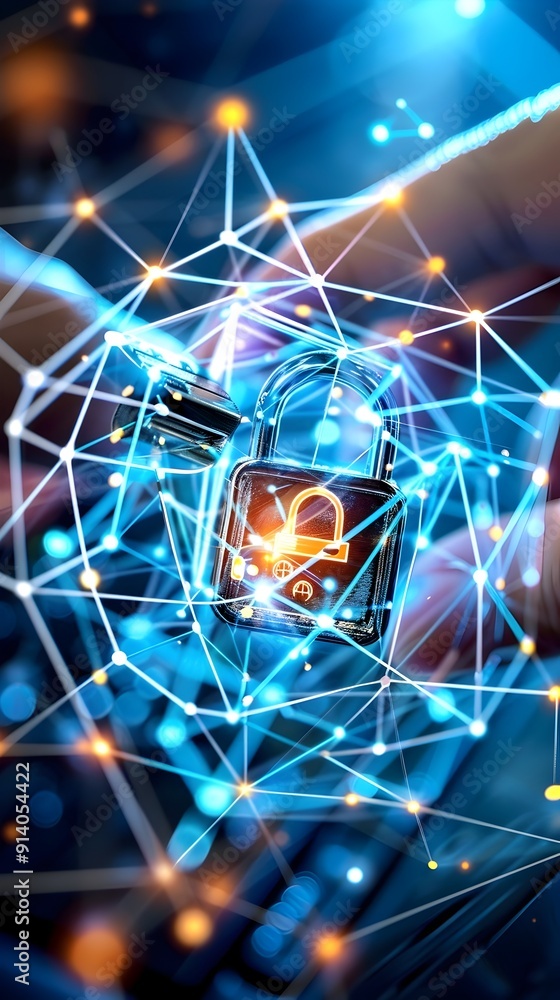 Poster cybersecurity concept with padlock and network connection.