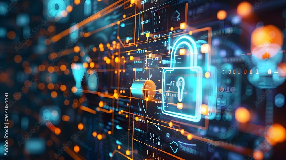 Poster digital security lock icon abstract background.