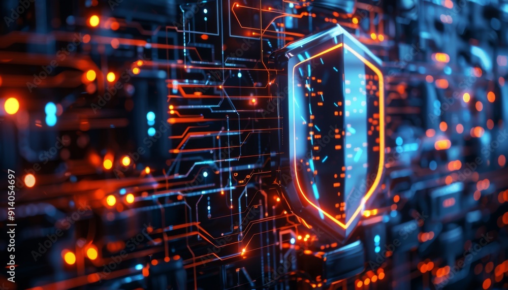Poster advanced cybersecurity shield protecting a network in a high-tech sci-fi setting from digital threat