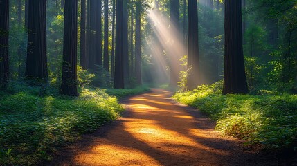 Obraz premium A serene forest path illuminated by sunbeams through tall trees, perfect for themes of tranquility, nature, and adventure ideal for websites, magazines, or relaxation materials,