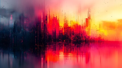 Naklejka premium An abstract digital artwork showcasing a vibrant, futuristic cityscape blending warm and cool tones, ideal for use in technology blogs, sci-fi movie posters, or as modern wall art,