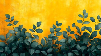 Vibrant yellow background with green leafy plants at the bottom, ideal for nature-themed designs, promotional materials, and interior decor inspiration,