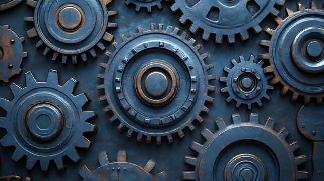 Close-up image of interlocking metallic gears with a rusty blue finish, suitable for illustrating concepts of teamwork, industry, and machinery-related topics, ideal for educational, technological