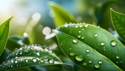 Close-up dari tetesan air pada daun hijau segar dengan latar belakang blur. 