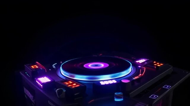 A vibrant DJ turntable illuminated with neon lights, enhancing the music experience