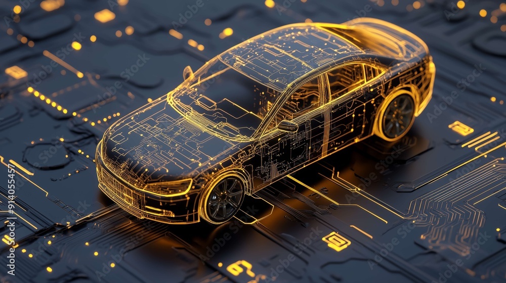 Poster glowing autonomous car standing on a motherboard representing artificial intelligence and the future