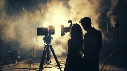 Fototapeta premium Filmmakers passionately capture a dramatic scene on set, surrounded by equipment and enveloped in smoke, enhancing the cinematic atmosphere