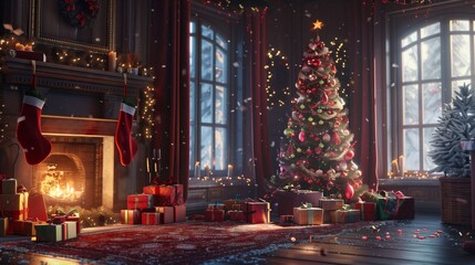 Decorated christmas tree is illuminating presents in a cozy living room with a fireplace burning in the background and snow falling outside the window