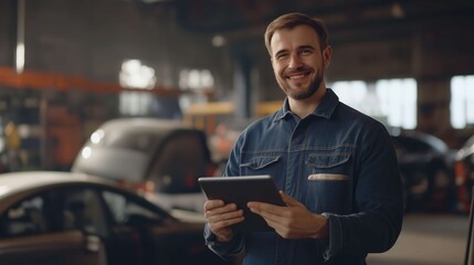 Mechanic smiles confidently with a tablet in a busy repair shop, showing expertise and dedication in the automotive industry. Modern tech meets traditional setting