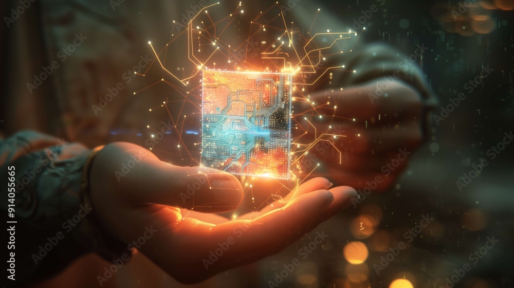 Poster software engineer holds a glowing cpu chip surrounded by futuristic graphics, symbolizing innovation