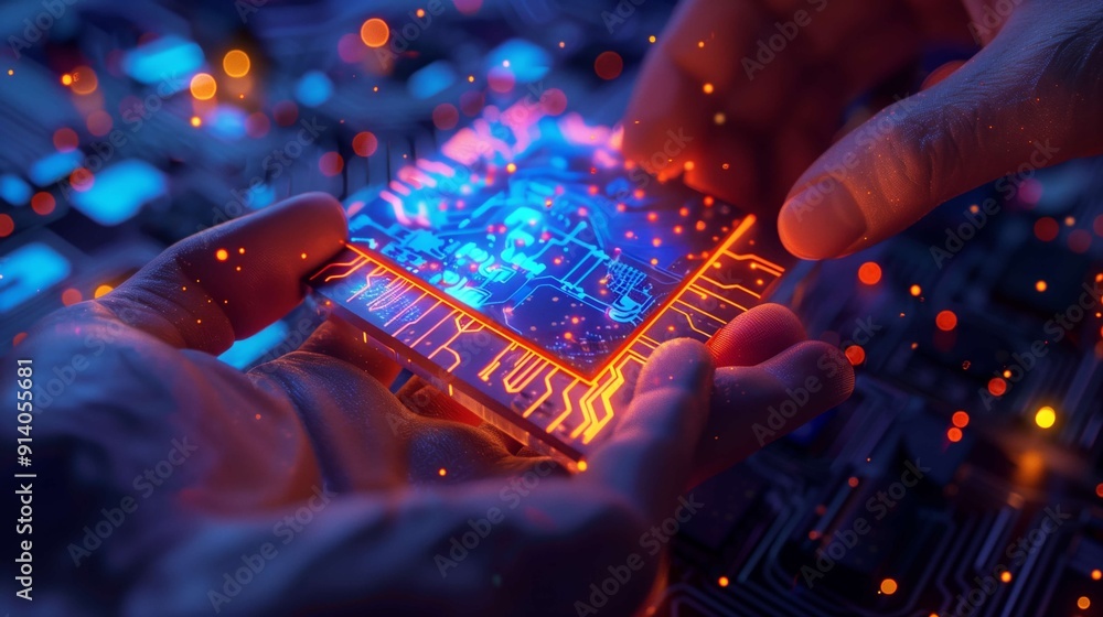 Poster two engineers are carefully holding a futuristic cpu microchip, illuminated with glowing edges, symb