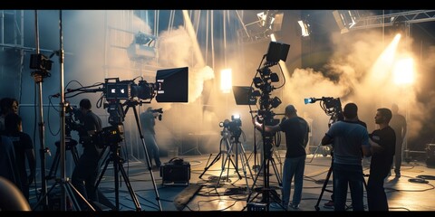 Busy film crew works on movie set, operating cameras under bright lights and smoke. Team collaborates creatively, adjusting equipment for perfect quality. Glimpse behind the scenes of cinema magic