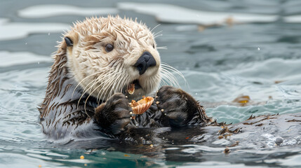 Sea otter floating on back, joyfully cracking shellfish open, whiskers glistening in the sun.