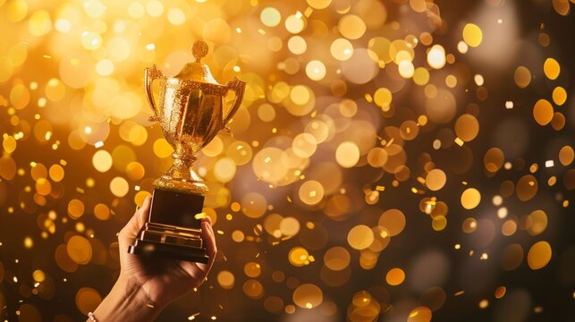 Joyful businesswoman holds up a trophy with golden confetti falling in the background, exuding pride and happiness. Perfect for success and leadership concepts. Plenty of copy space available