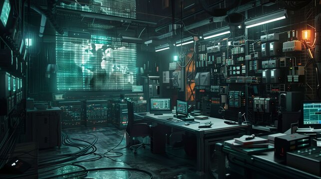 Futuristic spy room with a world map on a digital screen, dark atmosphere, green lights, and advanced technology hinting at espionage