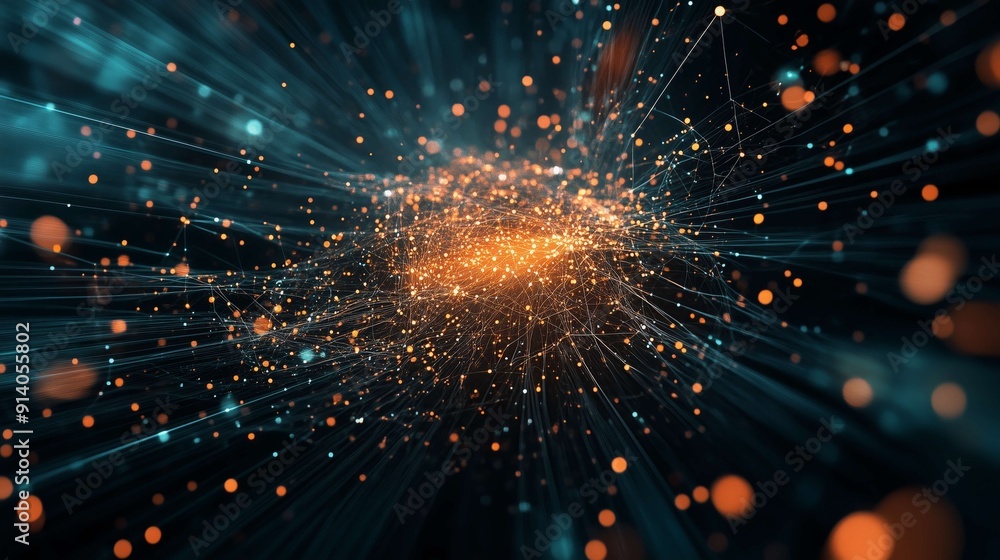 Poster abstract digital background showing a network of orange and blue lights forming a sphere, representi