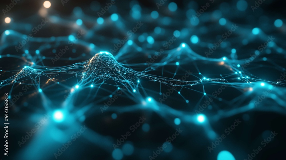 Poster network of glowing turquoise lines and nodes is forming peaks and valleys, illustrating the concept 