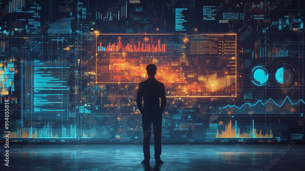 Poster businessman is standing in front of a virtual screen showing big data analysis, charts, and graphs. 