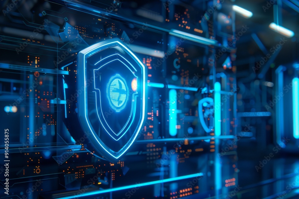 Poster advanced cybersecurity shield protecting a network in a high-tech sci-fi setting from digital threat