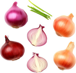 Assorted fresh onions and green onions, whole and sliced, isolated on white background. Perfect for culinary and food themes.