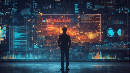 Businessman is standing in front of a virtual screen showing big data analysis, charts, and graphs. The image evokes concepts of data science, business intelligence, and technological innovation