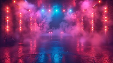 Purple and blue stage lights are illuminating a smoky atmosphere, creating a dramatic and mysterious ambiance. The wet floor reflects the vibrant lights