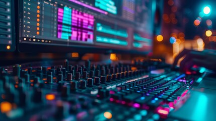 Music producer is seen in a colorful home studio, editing and creating music with a computer and mixing console, surrounded by equipment and technology, illuminated by soft lights